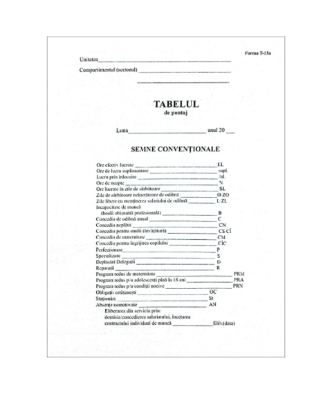 Tabel de evidență a timpului de muncă MR-13a